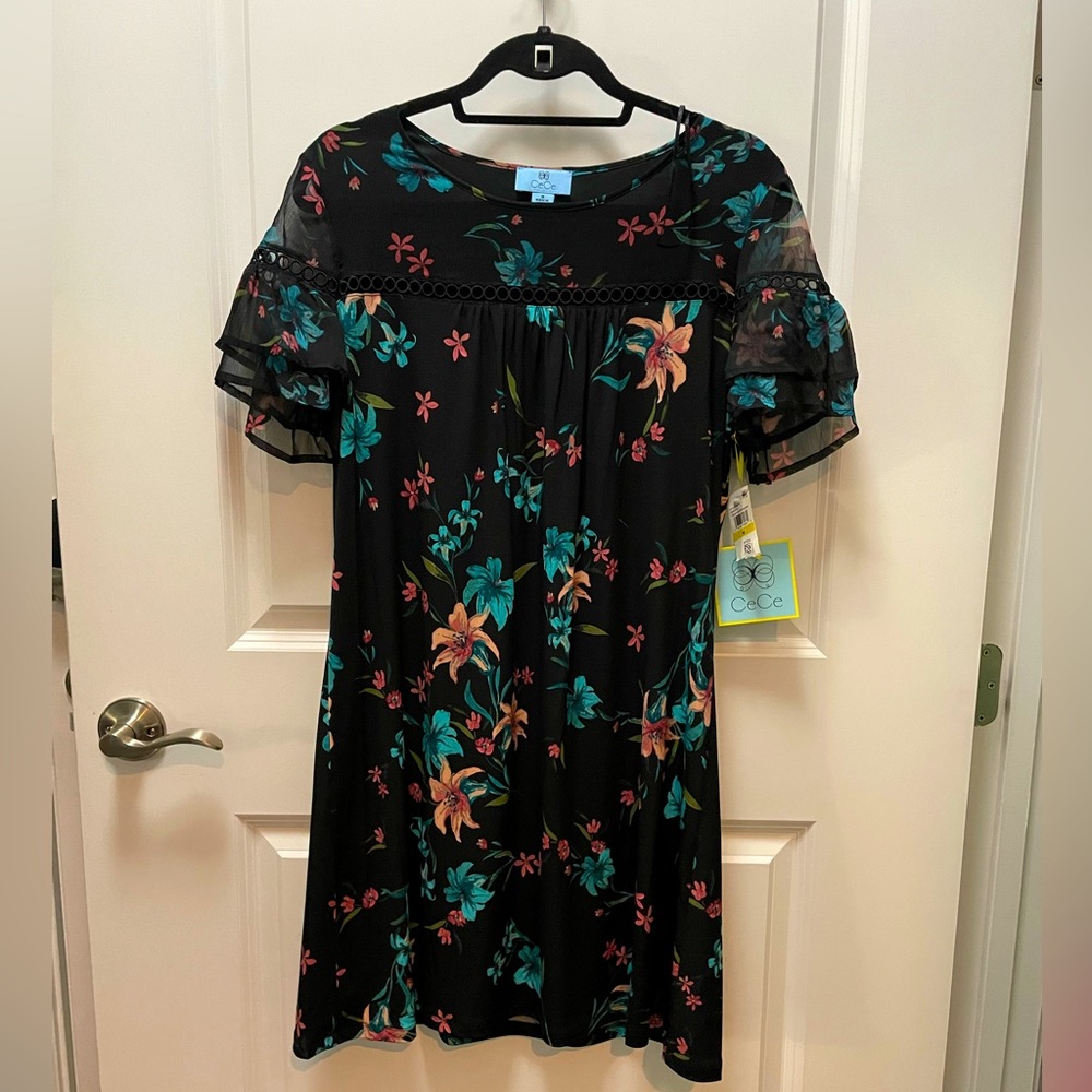 CeCe Expressive Lillies Ruffle Sleeve Black Dress